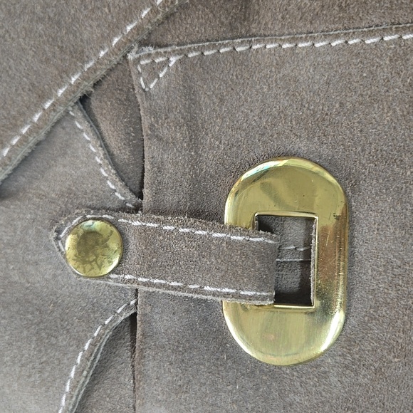 Irving Posluns 1970s Suede Coat Leather Jacket with Gold Hardware 70s Retro Fall - Picture 11 of 16